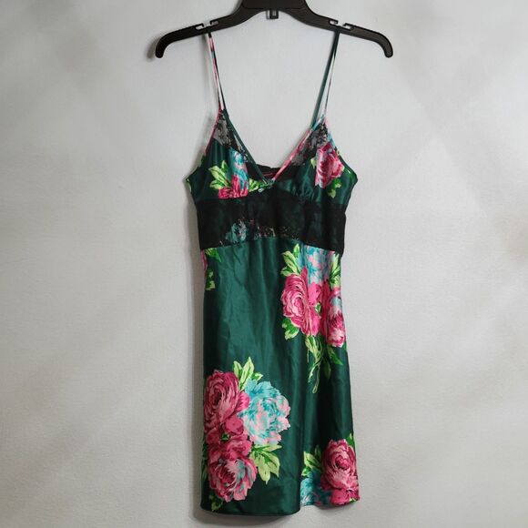 Betsey Johnson Other - VTG Betsey Johnson 90s Y2K Floral Lace Satin Slip Dress Emerald Green Rose SM